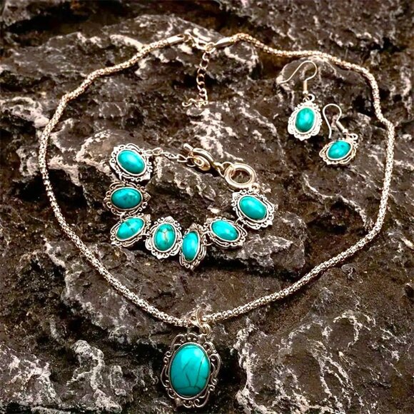 Turquoise Necklace Earrings Bracelet 4pc Boho Native Stylish Glam Lucky Trendy - Picture 3 of 4